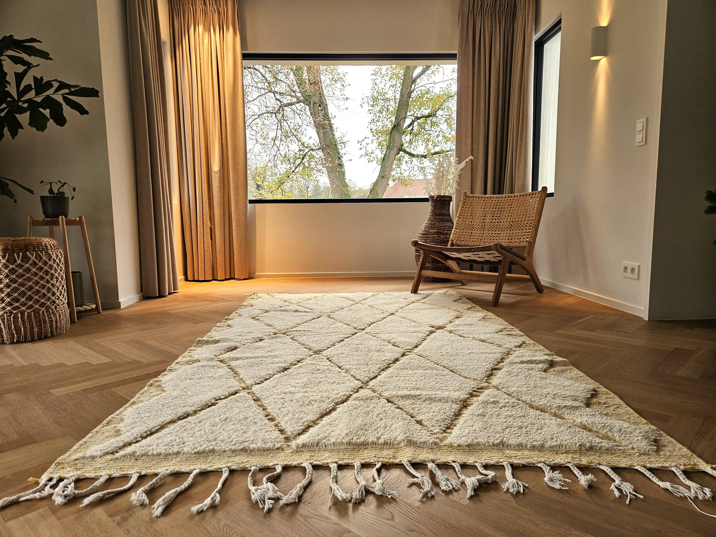 Handmade Moroccan Beni Ouarain rug adding warmth and texture to a modern living space.