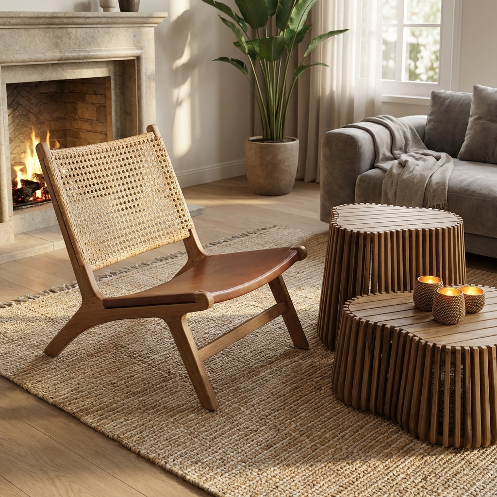 Vederi lounge chair with woven backrest and solid wood seat, styled with Isidro wooden coffee tables in a warm, natural slow living interior.