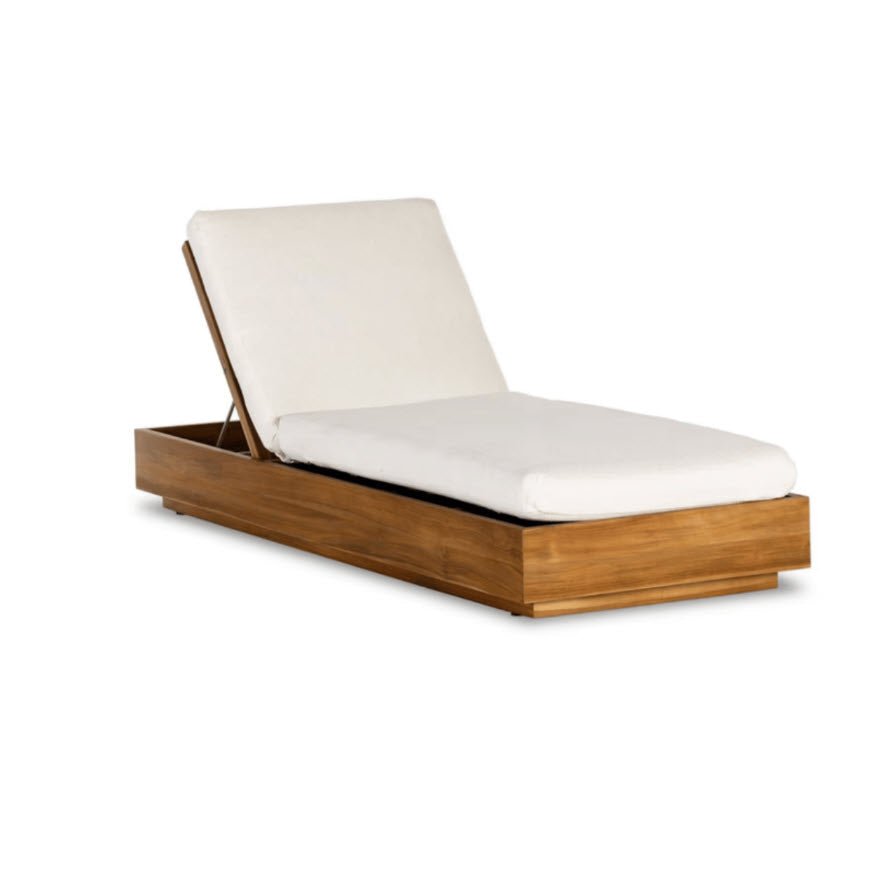 Teak Laguna Sun Bed with thick white cushion and raised backrest, angled front view.