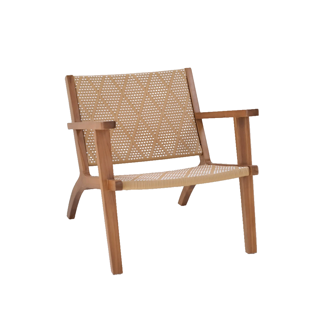 Fauteuil lounge en teck fait main avec assise en rotin tressé – Chetumal par Vibes del Mundo