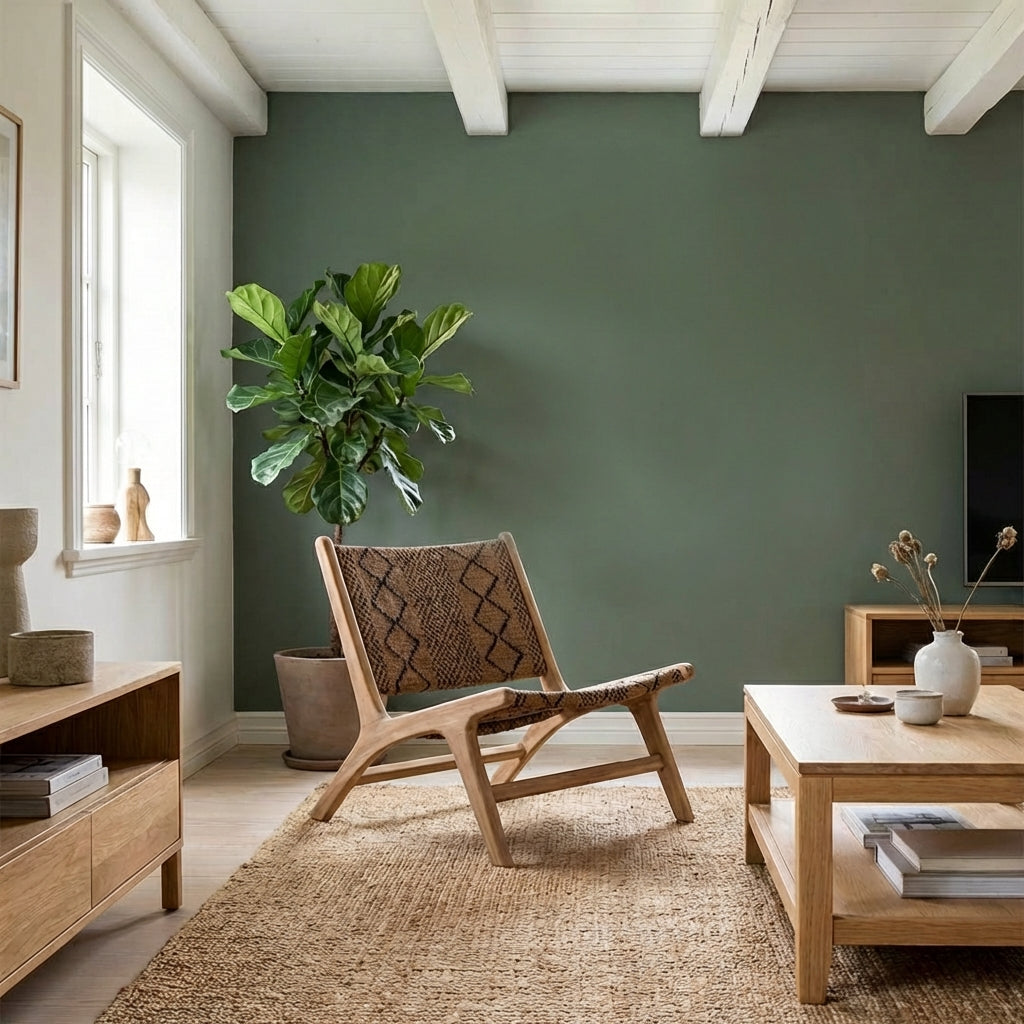 Funchal lounge chair with a handcrafted teak wood frame and woven textile seat, styled in a warm organic modern living room with natural materials.