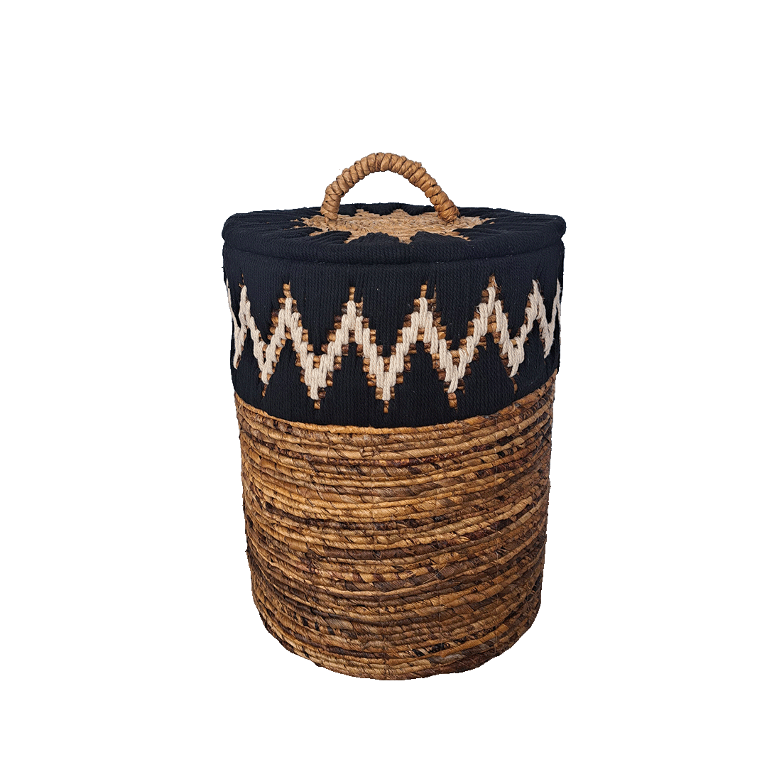 Samual Black - Boho basket with natural fibers and black cotton rope