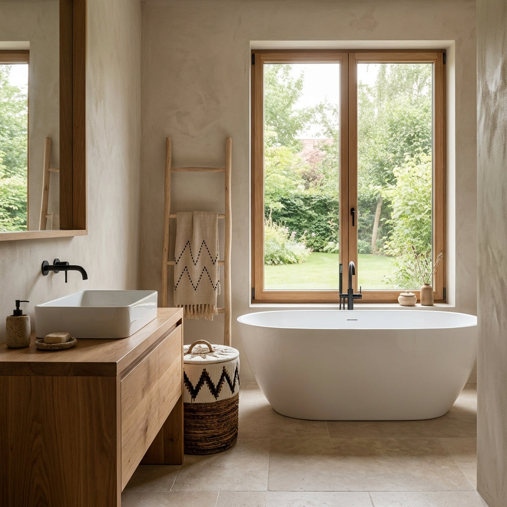 Natural spa-style bathroom with freestanding bathtub, wooden vanity, woven basket and soft daylight overlooking a green garden.