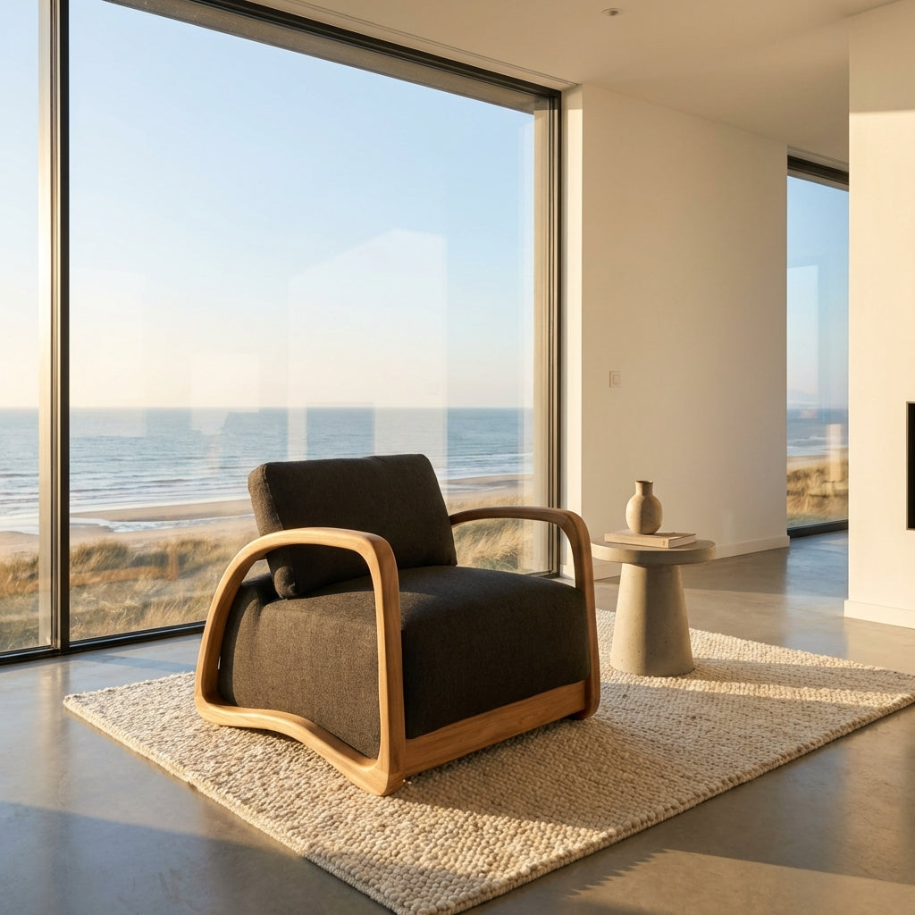 Coastal minimalist living room with a teak lounge chair, textured wool rug and ocean view, creating a calm and natural slow-living atmosphere.