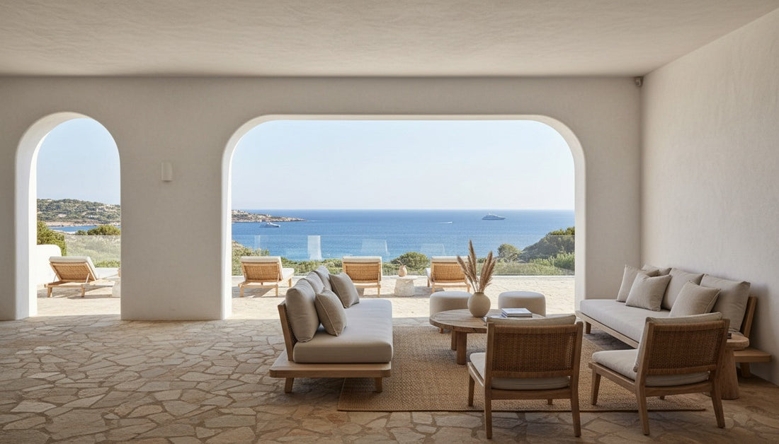 Ibiza style living room featuring natural textures, light wood furniture, arched architecture and a serene Mediterranean sea view