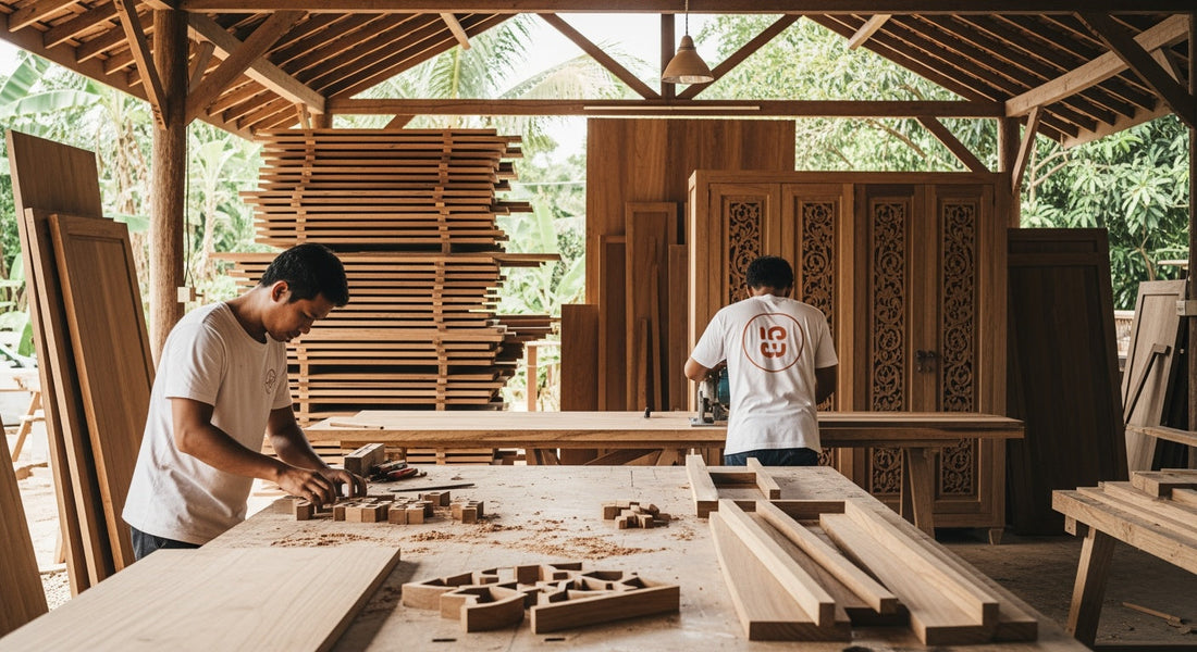 Artisan woodworkers crafting handmade teak furniture in an open-air tropical workshop, showcasing traditional woodworking, carved wooden cabinets, and sustainable furniture production.