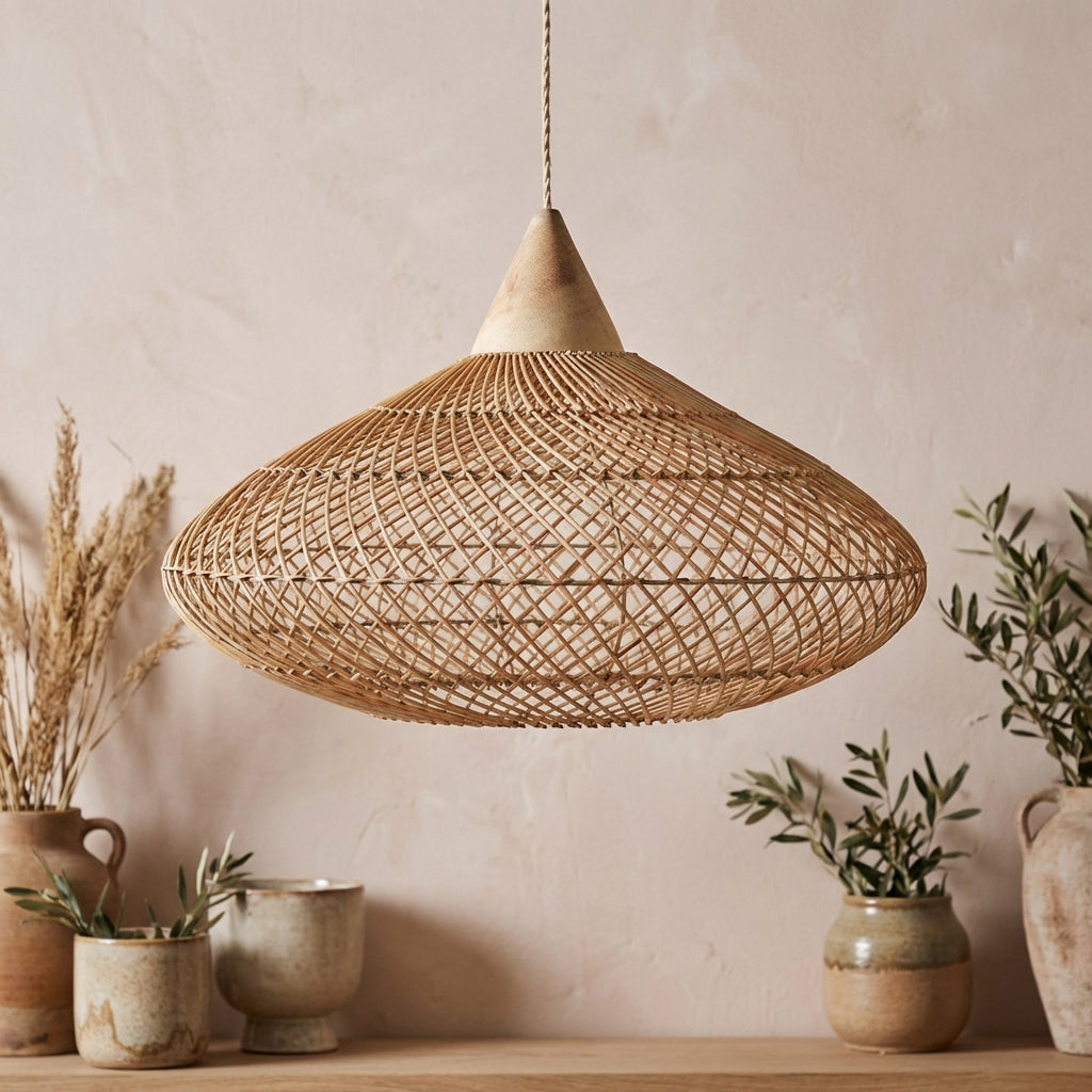 Handwoven rattan pendant lamp Aristo M Ø 50 cm in a warm neutral interior