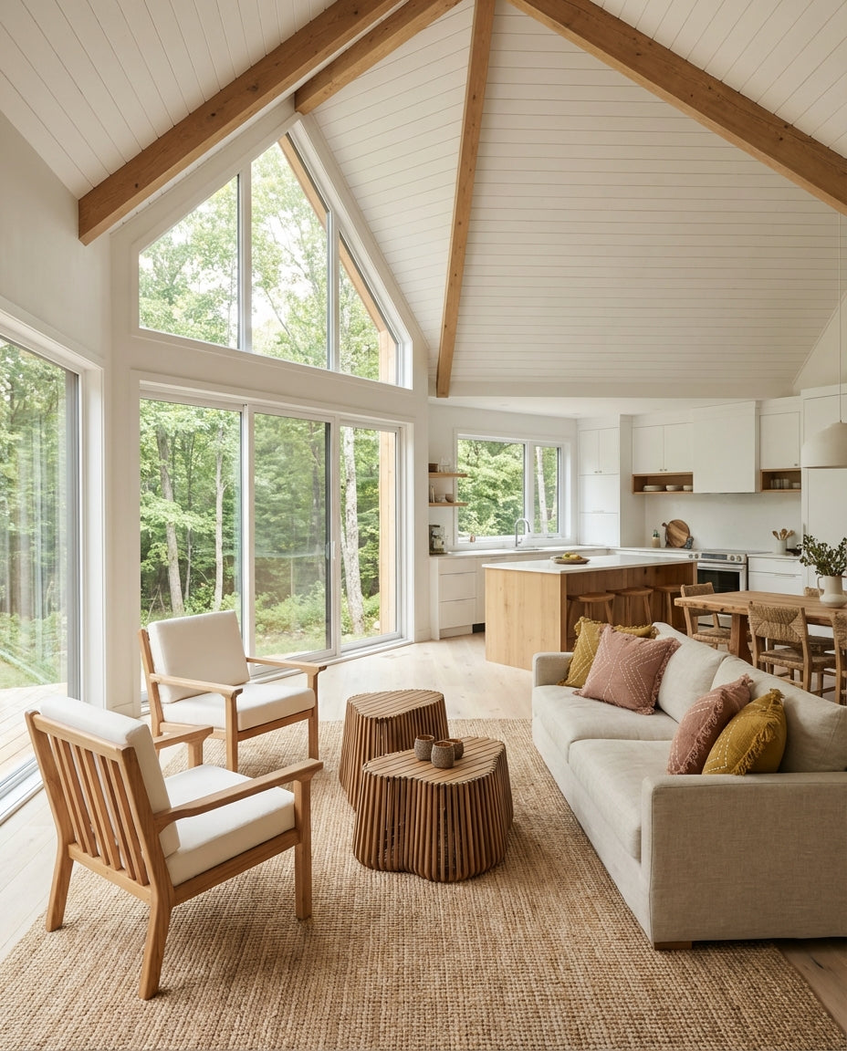 Ibiza style interior with natural wooden furniture, soft earth tones and a calm slow living atmosphere filled with daylight.