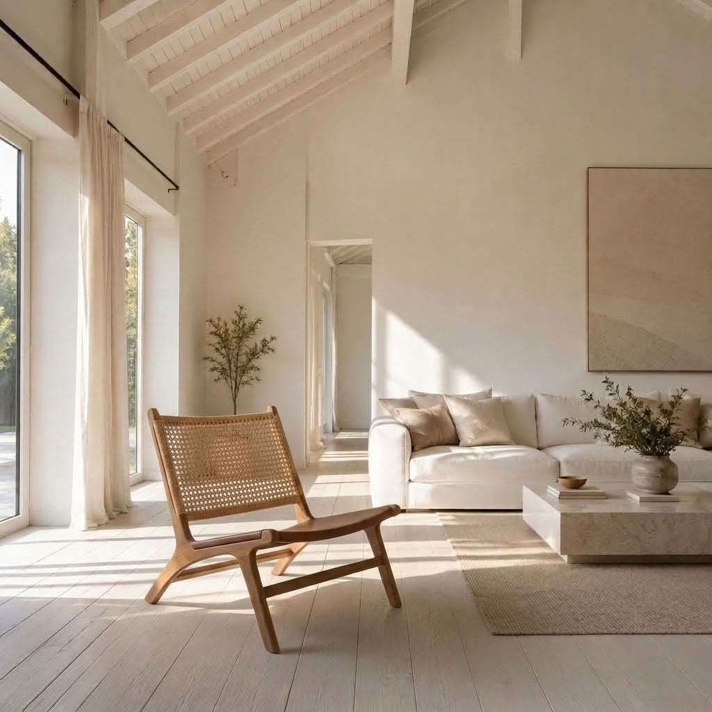 Stylish wooden lounge chair with a natural leather seat in a Mediterranean setting