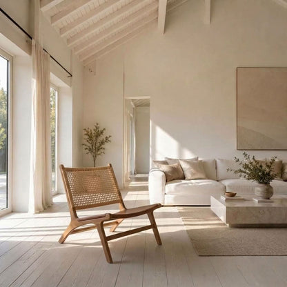 Stylish wooden lounge chair with a natural leather seat in a Mediterranean setting