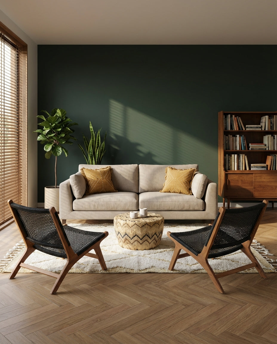 Siga-Siga lounge chairs with handcrafted teak frames and black rope weave, styled on a Moroccan Beni Ouarain rug in an organic modern living room.