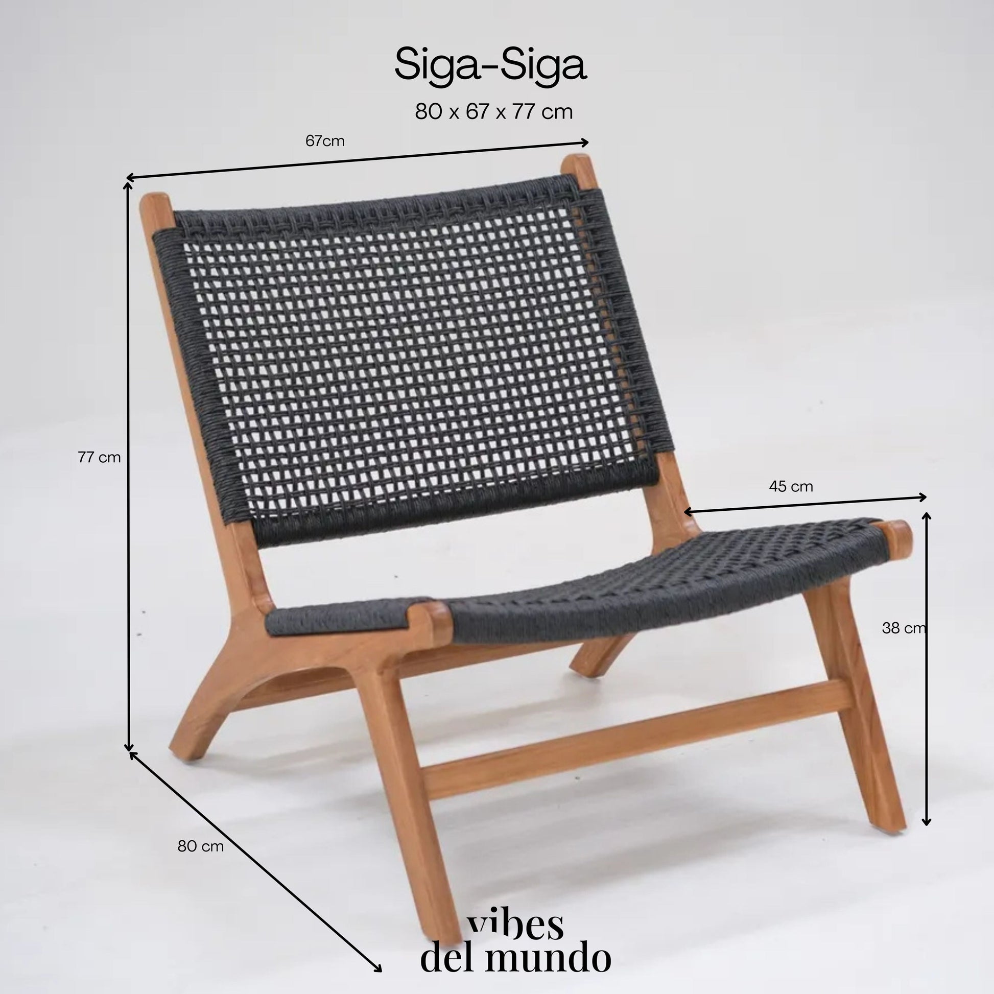 Dimensions of the Siga-Siga lounge chair with a handcrafted teak wood frame and black synthetic rope weave, measuring 80 x 67 x 77 cm.