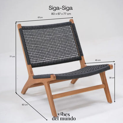 Dimensions of the Siga-Siga lounge chair with a handcrafted teak wood frame and black synthetic rope weave, measuring 80 x 67 x 77 cm.