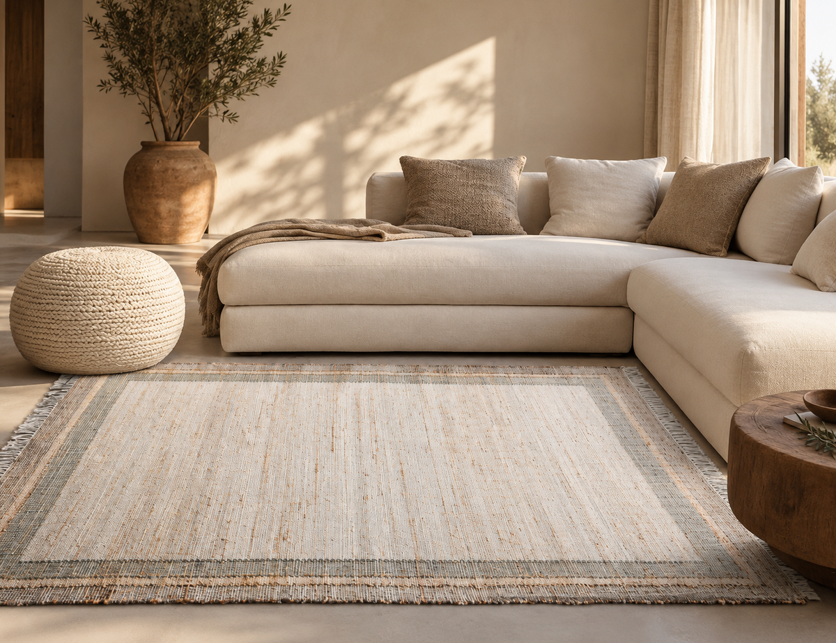 woven rug with fringed edges in natural subtle tones in a warm Mediterranean living room.