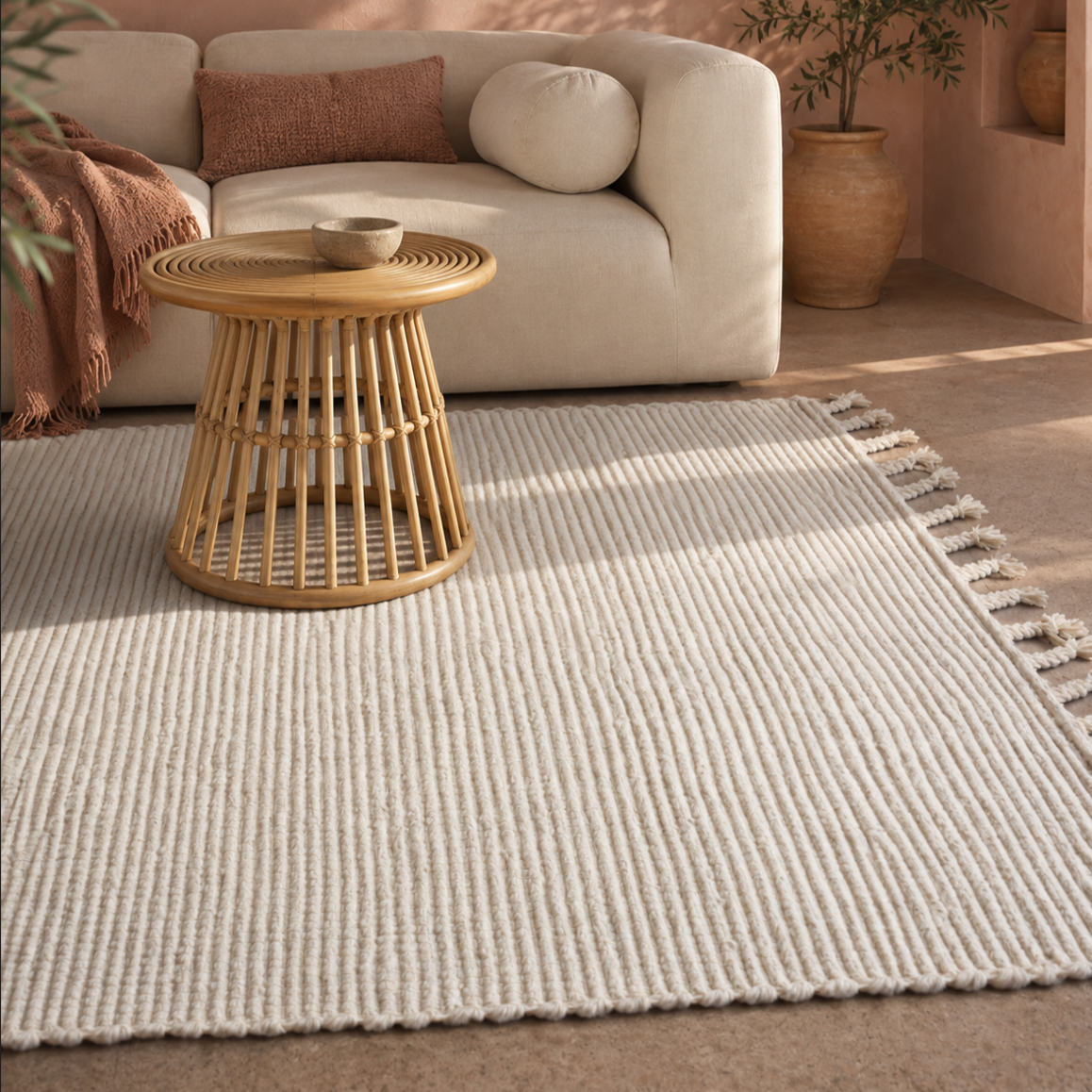 Cream woven rug with a subtle vertical ribbed texture and fringed edges in a warm Mediterranean-style living room.