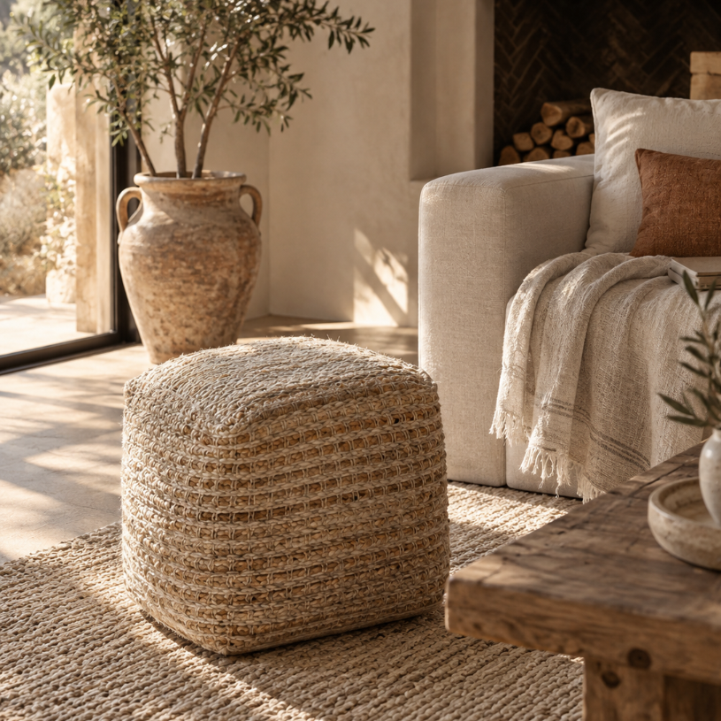 Natural woven jute pouf with a chunky textured finish in a warm Mediterranean living room with a cream sofa, rustic wood and earthy neutral tones.