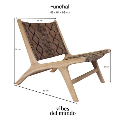 Dimensions of the Funchal lounge chair featuring a handcrafted teak wood frame and woven textile seat, measuring 85 x 64 x 69 cm.