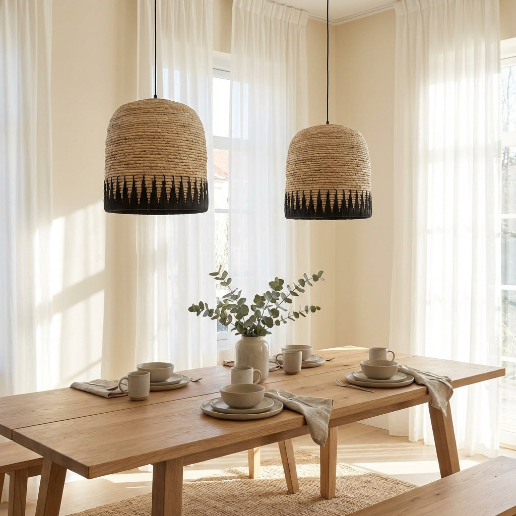 Lampade a sospensione intrecciate a mano sopra un tavolo da pranzo in legno massiccio in un interno caldo e naturale di slow living con luce soffusa del giorno.