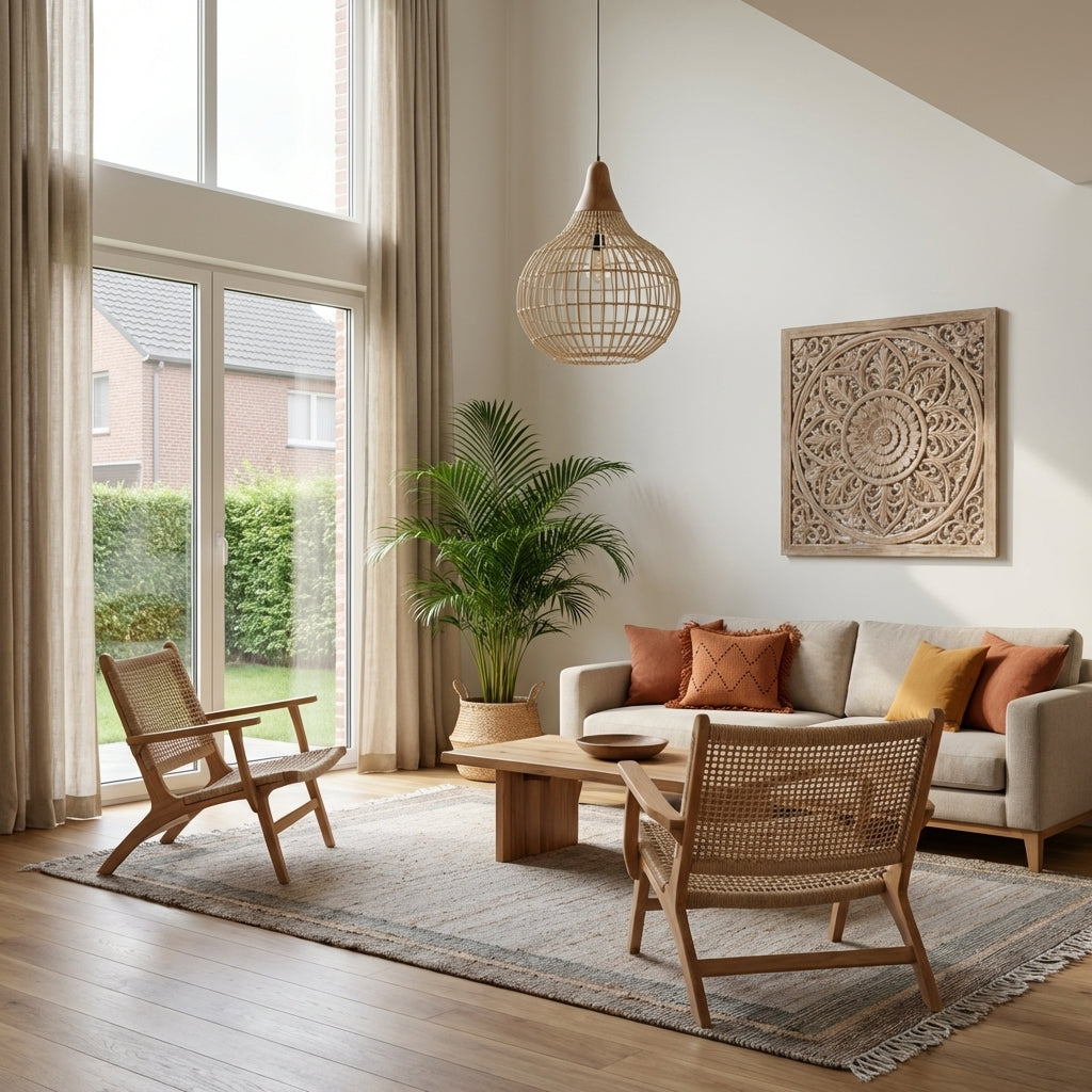 Handmade rattan pendant lamp in boho living room with teak wooden furniture and beige sofa, natural Ibiza style interior.