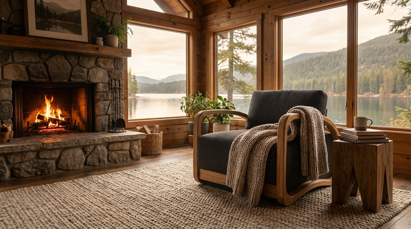 Cozy mountain lodge interior with a teak lounge chair, textured wool rug, stone fireplace and serene lake views surrounded by nature.