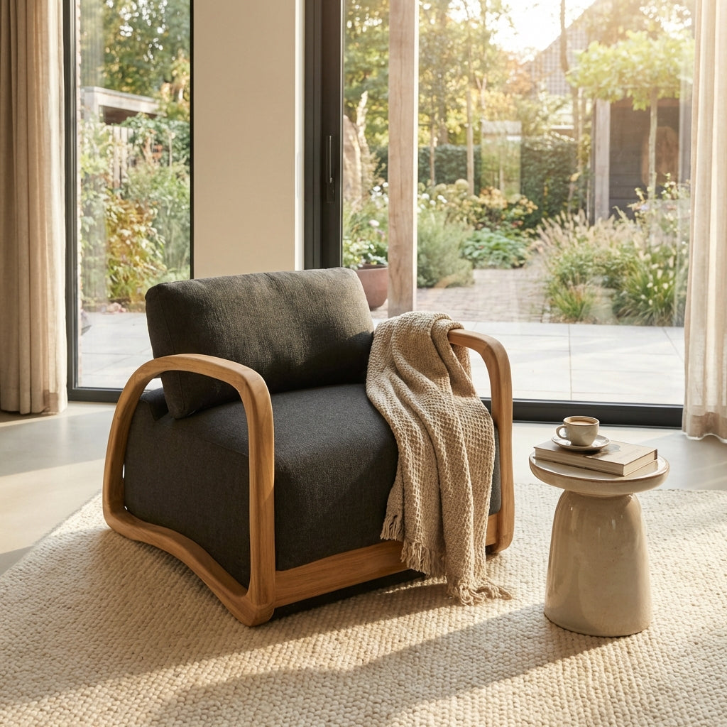 Organic modern living room with a handcrafted teak lounge chair, textured wool rug, ceramic side table and peaceful garden views.