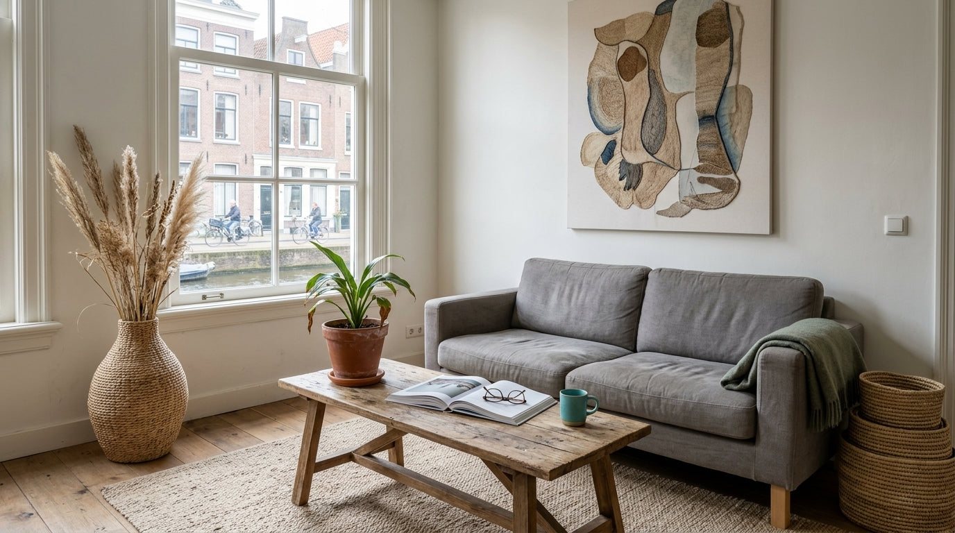 Vaso da pavimento in abaca fatto a mano e cesti intrecciati, ambientati in un luminoso soggiorno olandese con materiali naturali, toni neutri morbidi e arredamento boho contemporaneo.