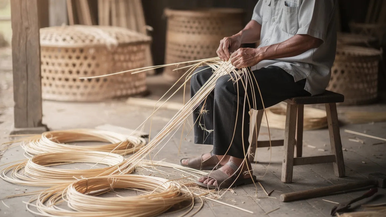 Handwoven rattan furniture production by artisan in workshop, natural materials, boho interior decor