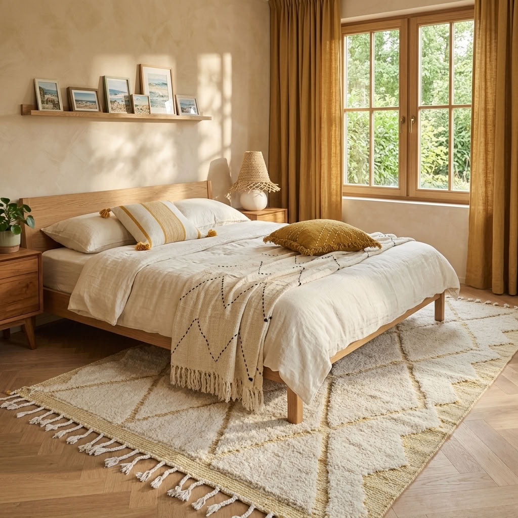 Handwoven rug, cushions and throw in a warm Mediterranean bedroom with natural materials