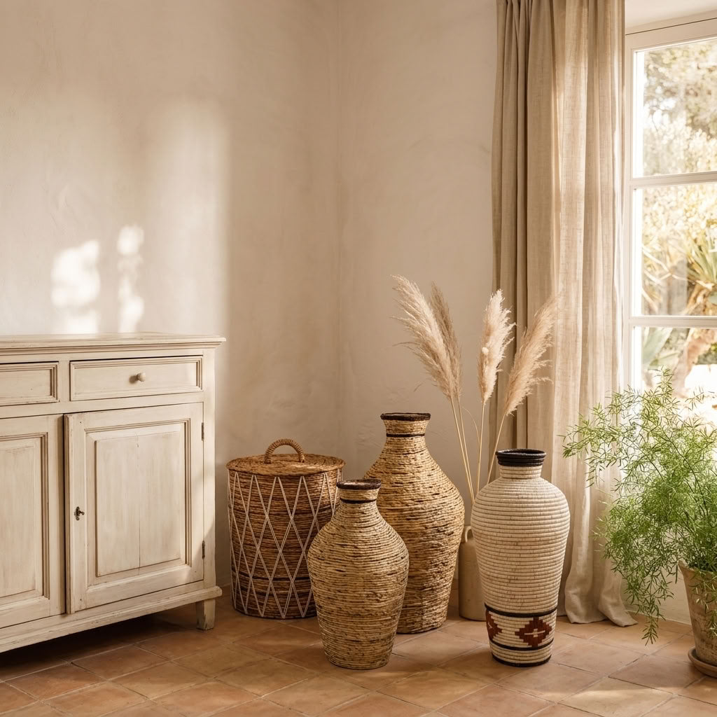 Handwoven decorative vases and storage basket in natural fibres, styled in a warm Mediterranean Ibiza-style interior with terracotta flooring.