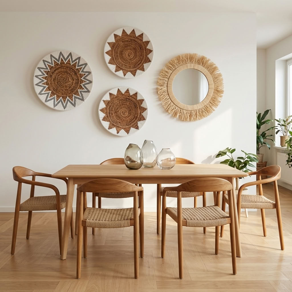 Handwoven wall decor and natural fibre mirror above a Scandinavian dining table with teak chairs.