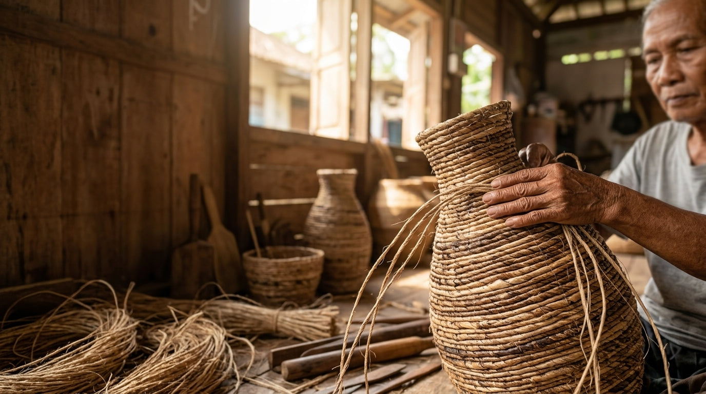 Artigiano indonesiano che intreccia a mano un grande vaso decorativo in abaca utilizzando fibre naturali di abaca in un laboratorio tradizionale. Lavorazione artigianale sostenibile di Vibes del Mundo.