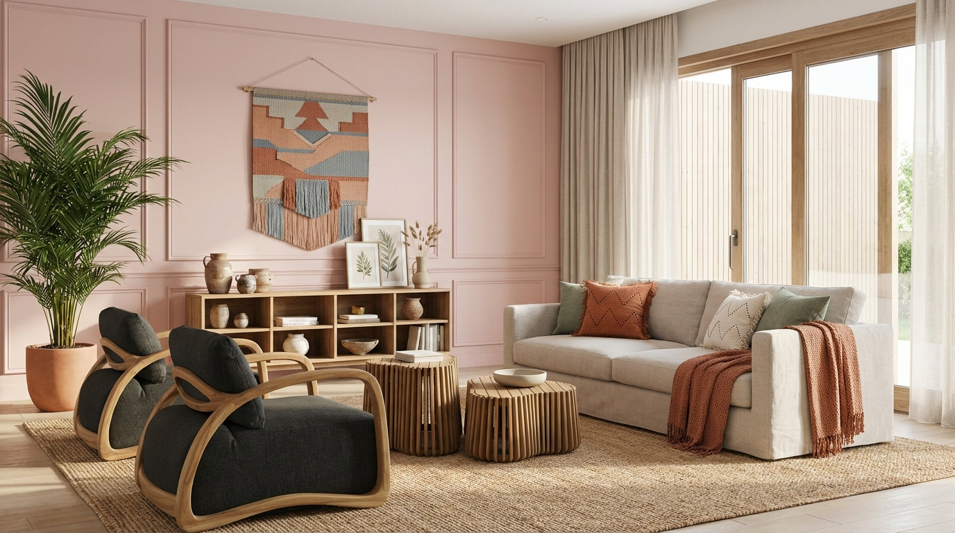 Boho Ibiza stijl woonkamer met beige sofa, teak lounge stoelen, jute vloerkleed en wanddecoratie in warme terracotta tinten en natuurlijke materialen.