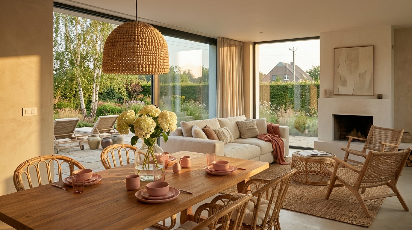 Scandinavian boho living room with natural wood furniture, rattan dining chairs, hydrangeas and a sunlit garden terrace.
