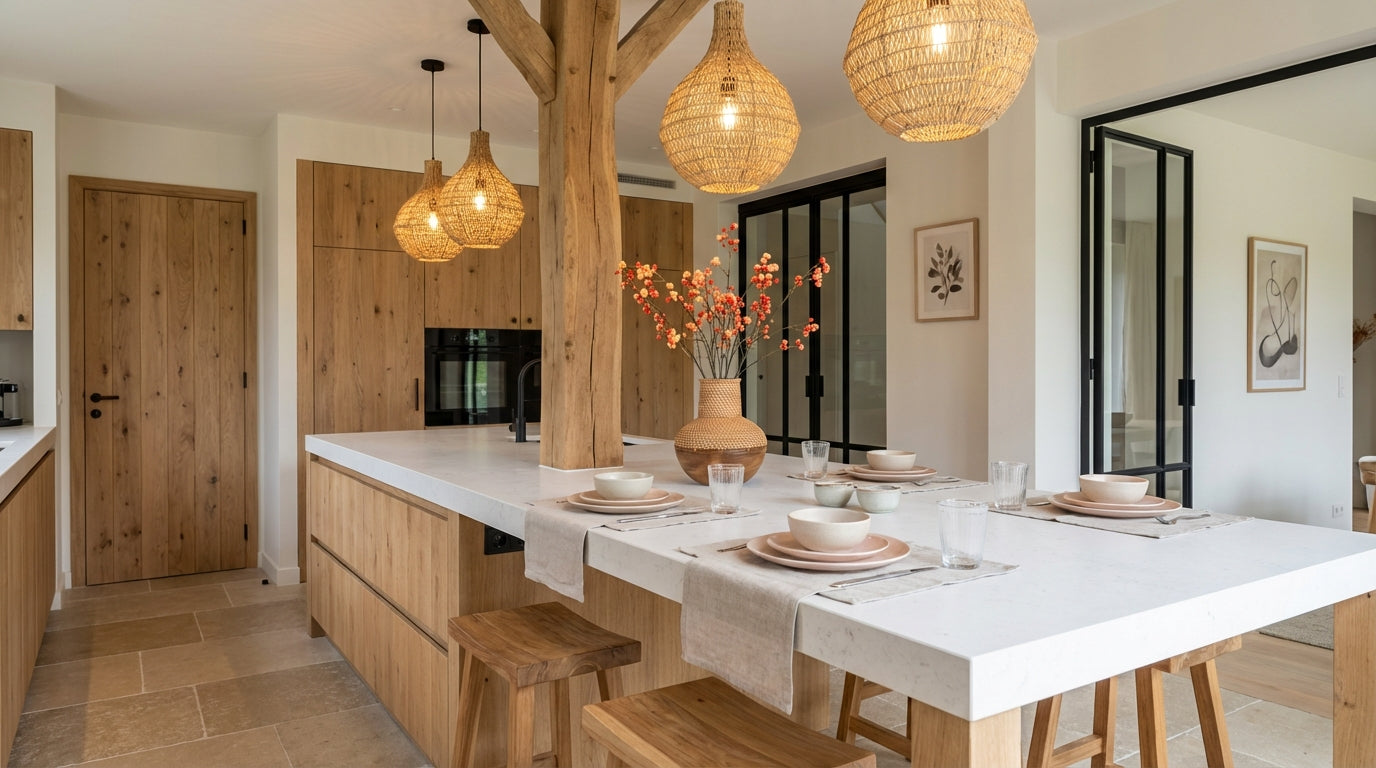 Ibiza stijl keuken met houten kasten, wit kookeiland, rotan hanglampen en warme natuurlijke materialen voor een mediterrane uitstraling.