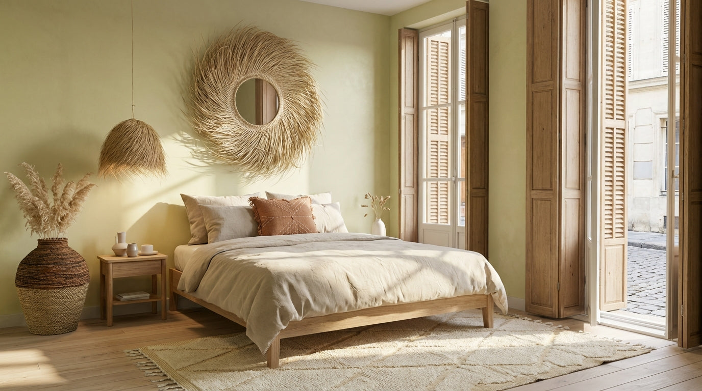 Rustgevende slaapkamer in natuurlijke tinten met houten bed, linnen beddengoed, Marokkaans vloerkleed en rotan wanddecoratie in boho stijl.