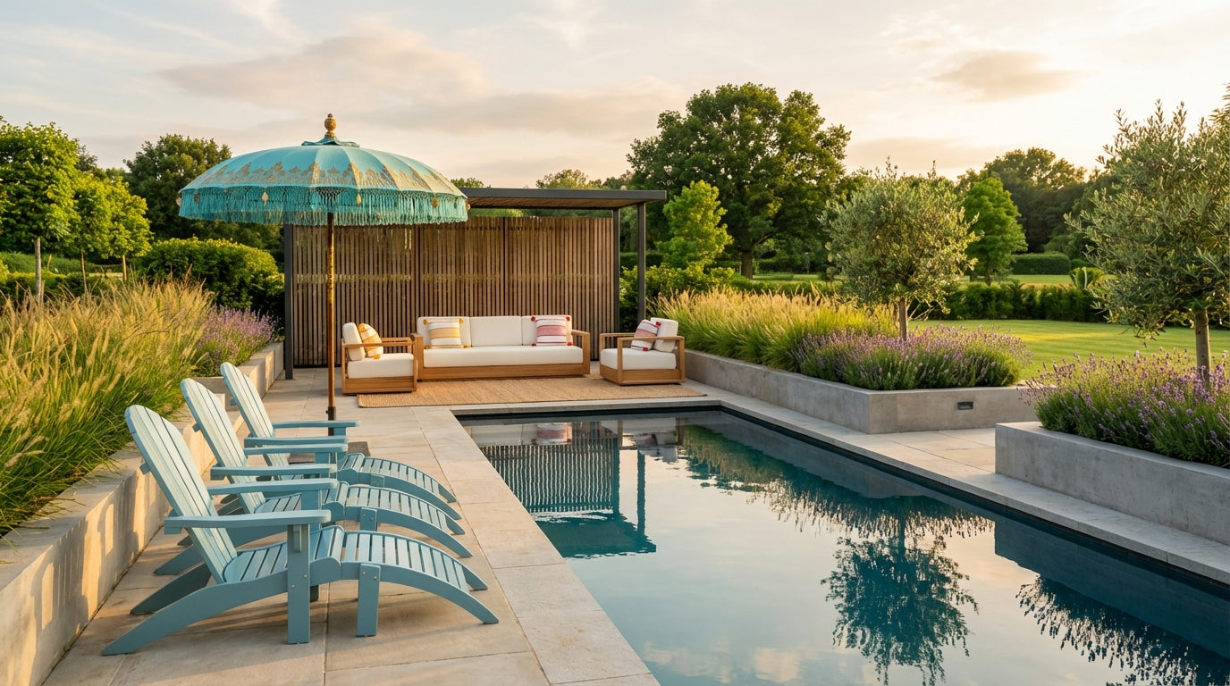 Luxe tuin met zwembad, houten loungeset, turquoise ligstoelen en natuurlijke beplanting in Ibiza stijl voor een ontspannen outdoor sfeer.
