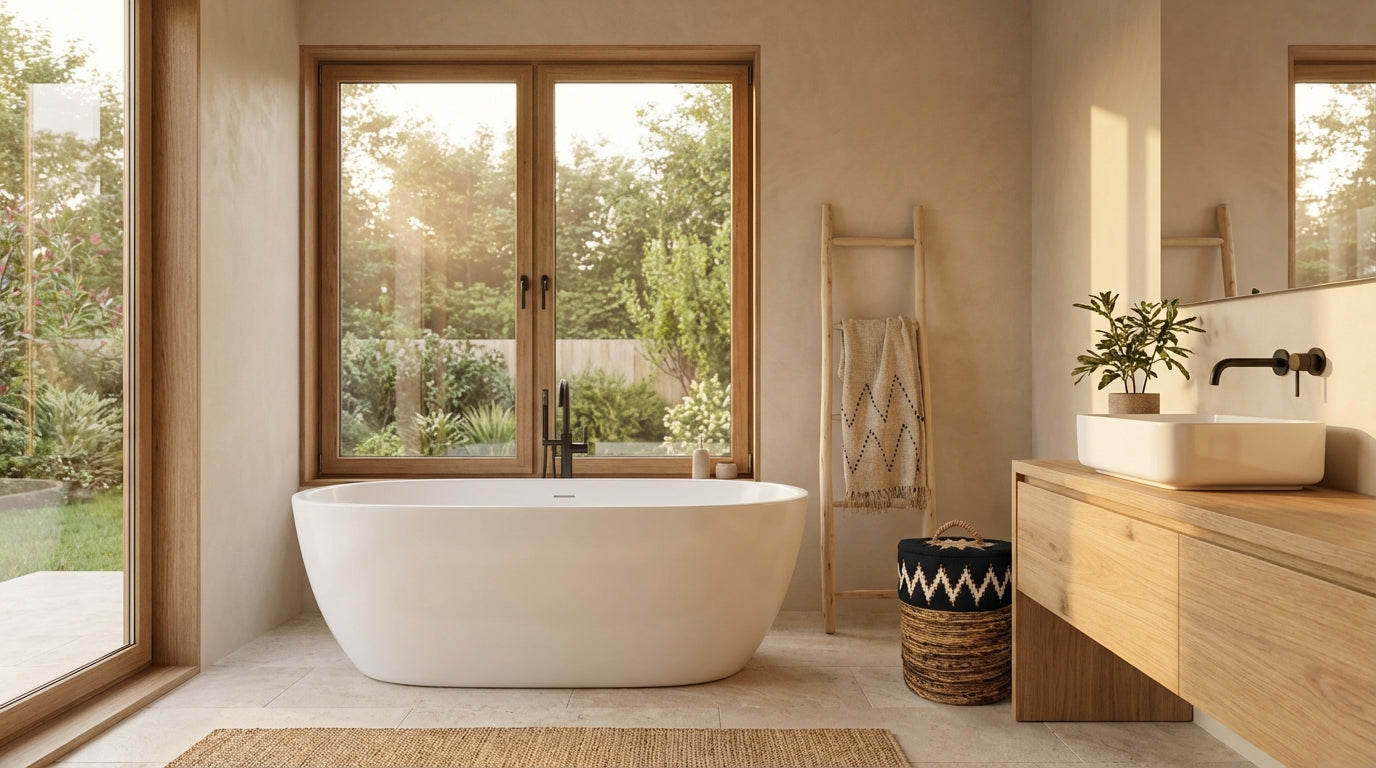 Minimalist boho bathroom with freestanding bathtub, wooden vanity and natural accessories in a warm slow living interior