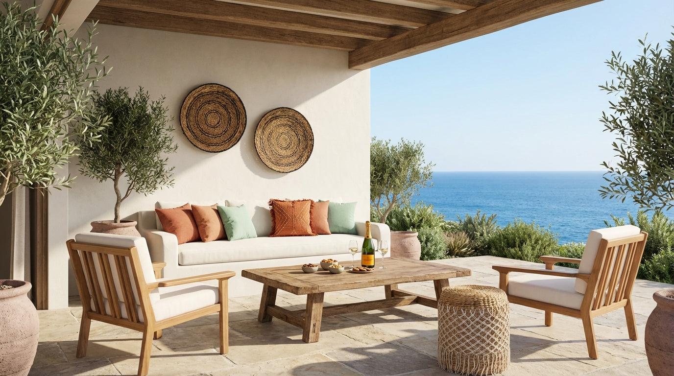 Terrasse im Ibiza-Stil mit Lounge-Möbeln aus Holz, Naturkissen und handgefertigter Dekoration mit Blick auf das Meer