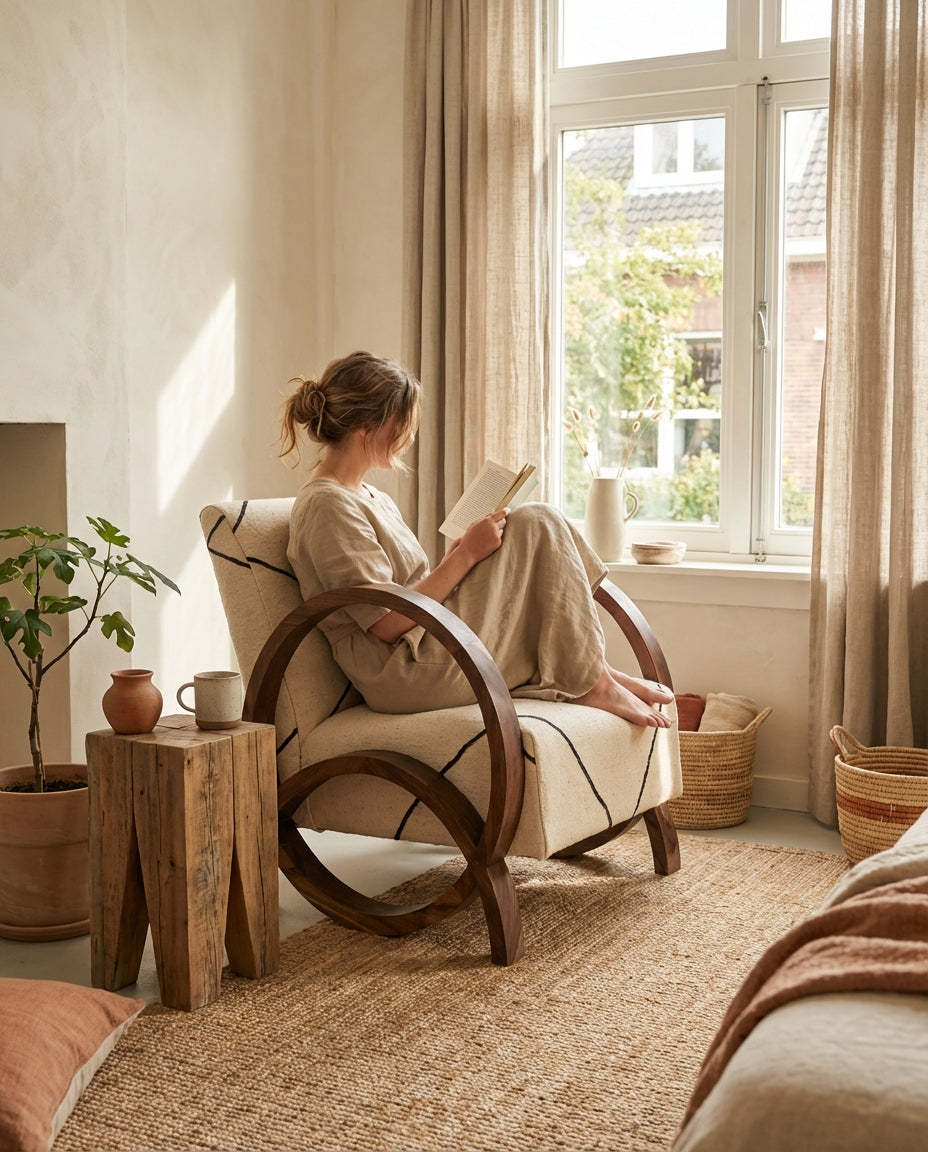 Woman reading a book in a handcrafted wooden lounge chair with woven fabric, styled in a warm, natural slow-living interior.