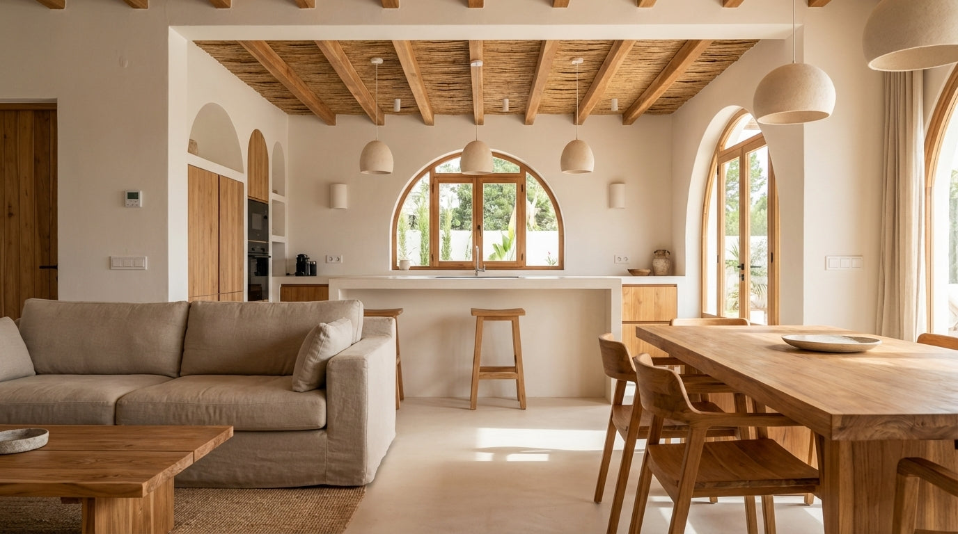 Ibiza stijl interieur met massief teak houten tafel, stoelen en keuken, boogvormige ramen en warme natuurlijke boho sfeer