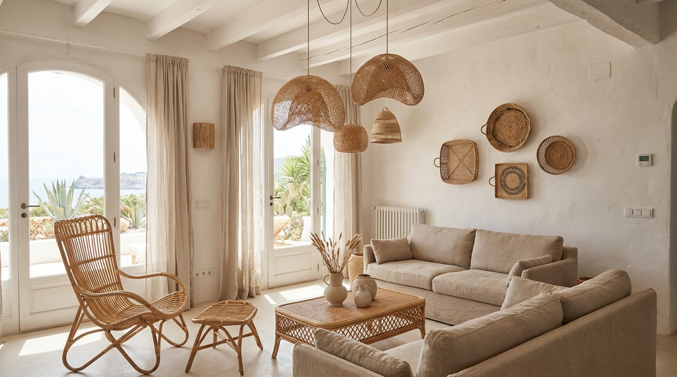 Bright Ibiza-style living room with rattan chair, pendant lamps and wall decor, neutral linen sofas and natural materials in a warm coastal interior