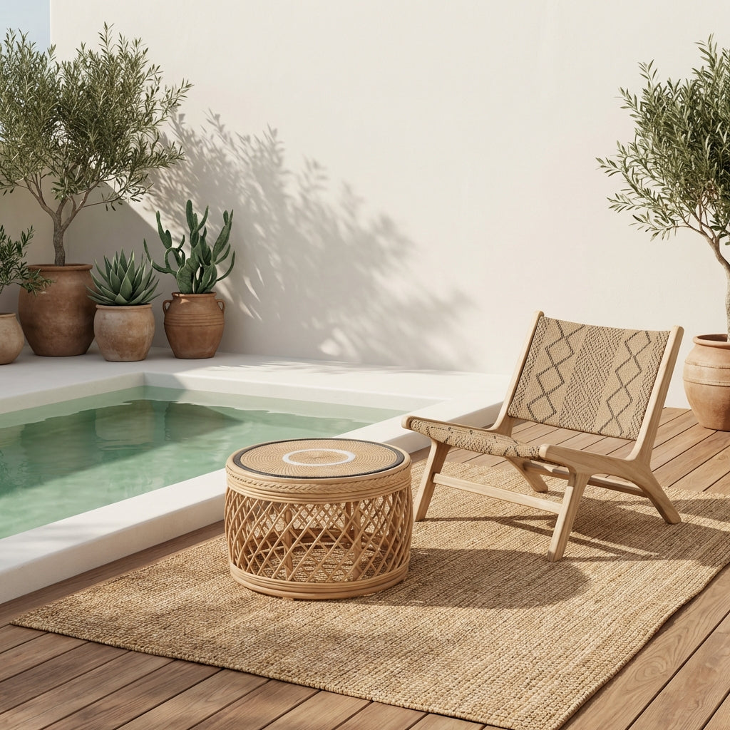 Buitenlounge in Ibiza-stijl met een handgemaakte houten stoel, een gevlochten rotan bijzettafel, een juten vloerkleed en een rustgevende omgeving bij het zwembad.