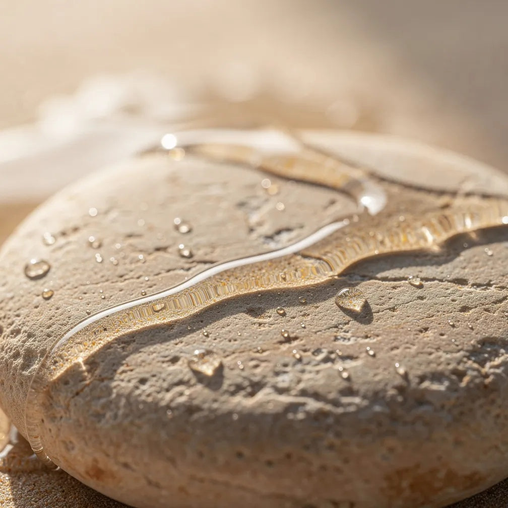 Natural stone surface with water droplets highlighting the beauty, texture, and authenticity of natural materials.