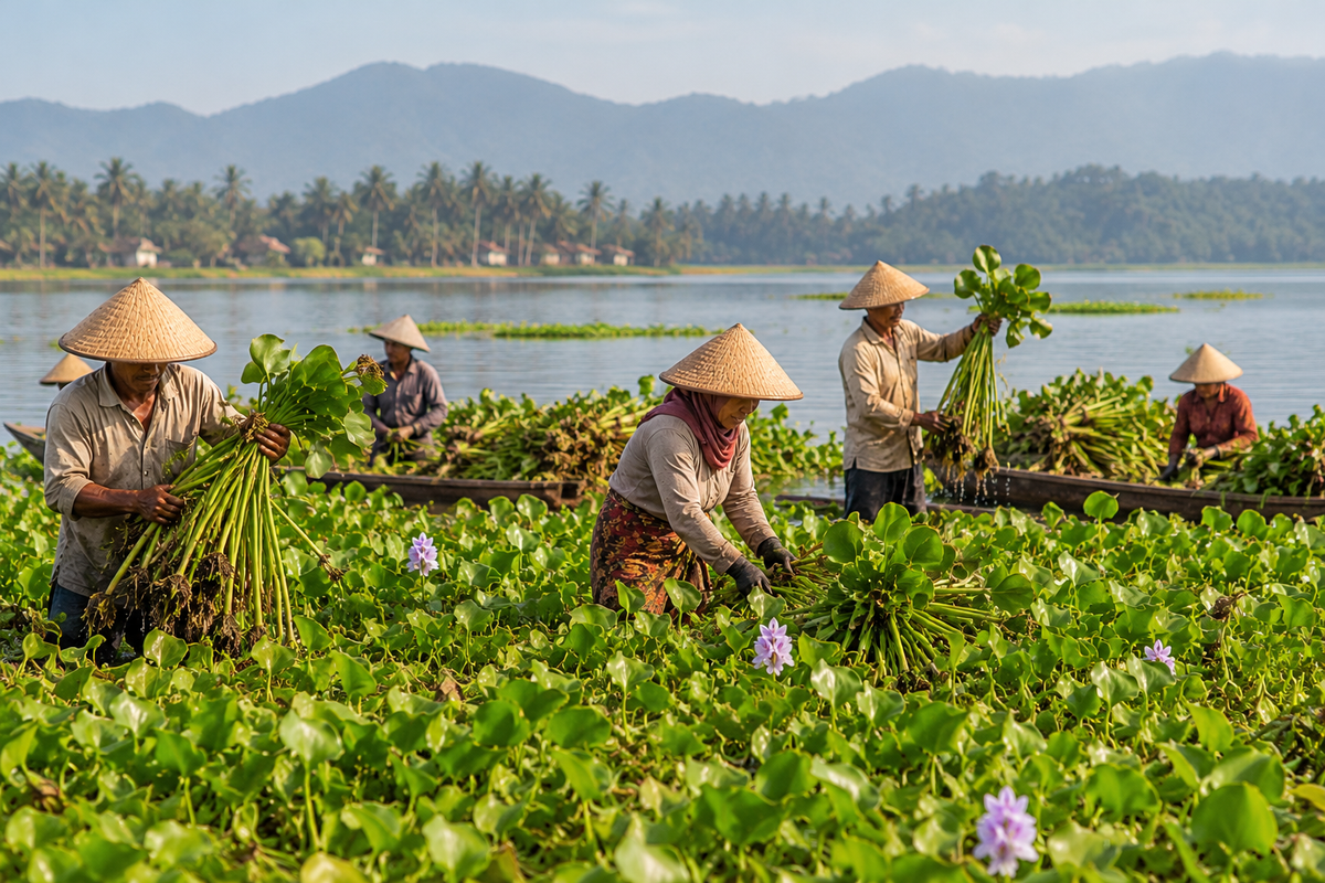 Agricultores indonesios cosechando jacinto de agua fresco en un lago tropical, recolectando las plantas acuáticas utilizadas para fabricar muebles artesanales y accesorios tejidos para el hogar.